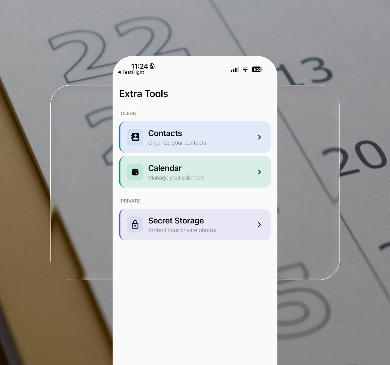 Cleanie Extra Tools screen showing Contacts, Calendar, and Secret Storage