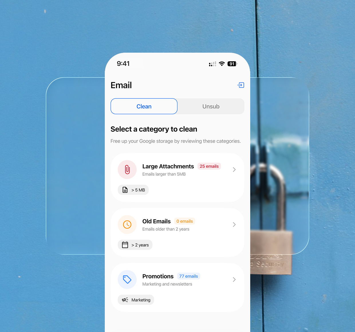 Cleanie email cleanup screen showing large attachments, old emails, and promotions to review