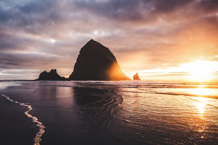 Sunset over a rocky coastline